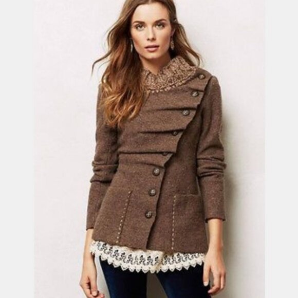 Anthropologie Brown Structured Pleated Donegal Tweed Wool Jacket Blazer Coat S - Picture 1 of 7
